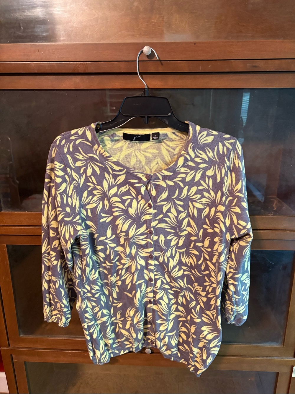 Patterned Crewneck Cardigan - Yellow Leaf Print